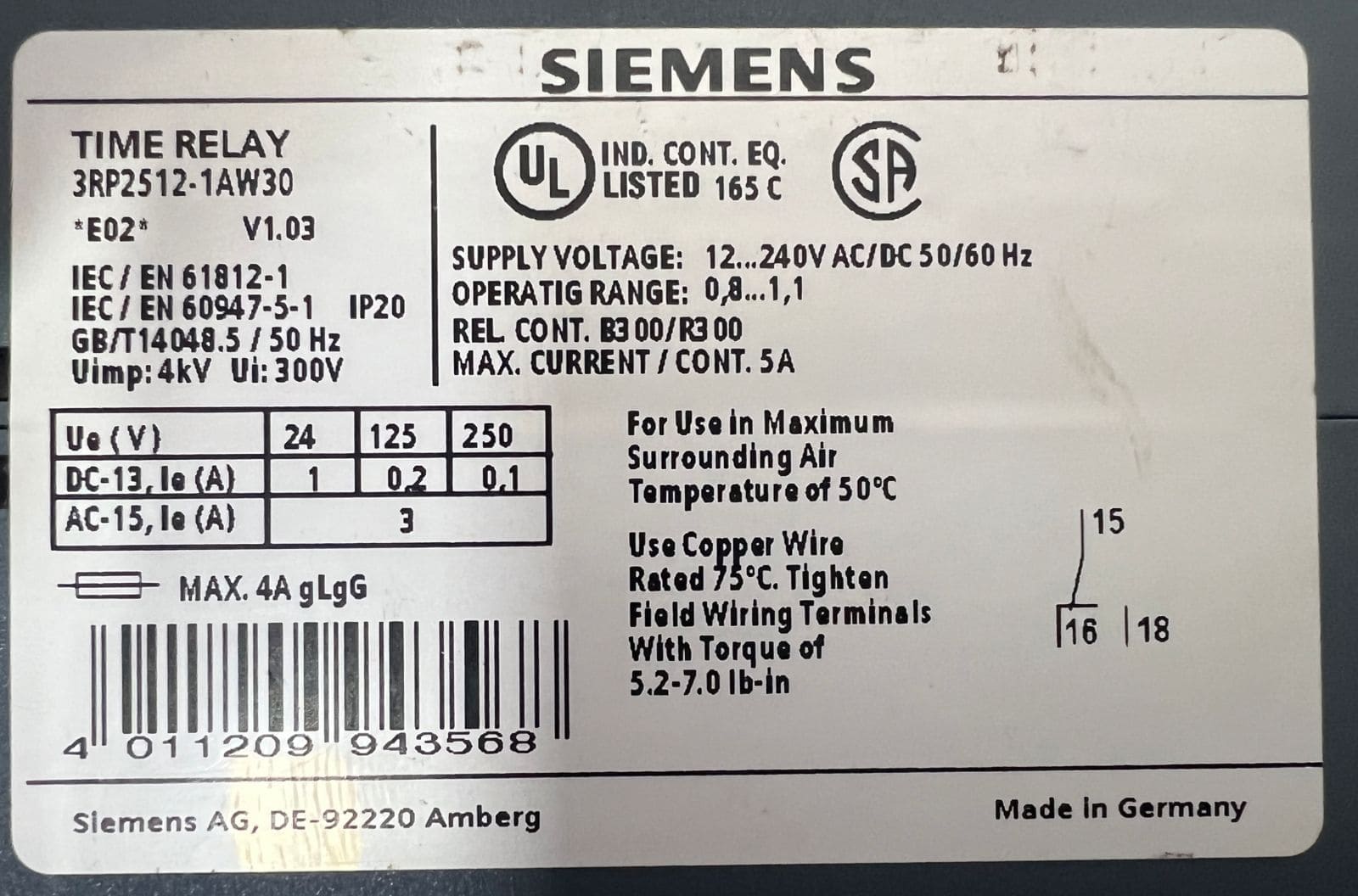 Siemens 3rp2512-1aw30 Time Relay thumbnail