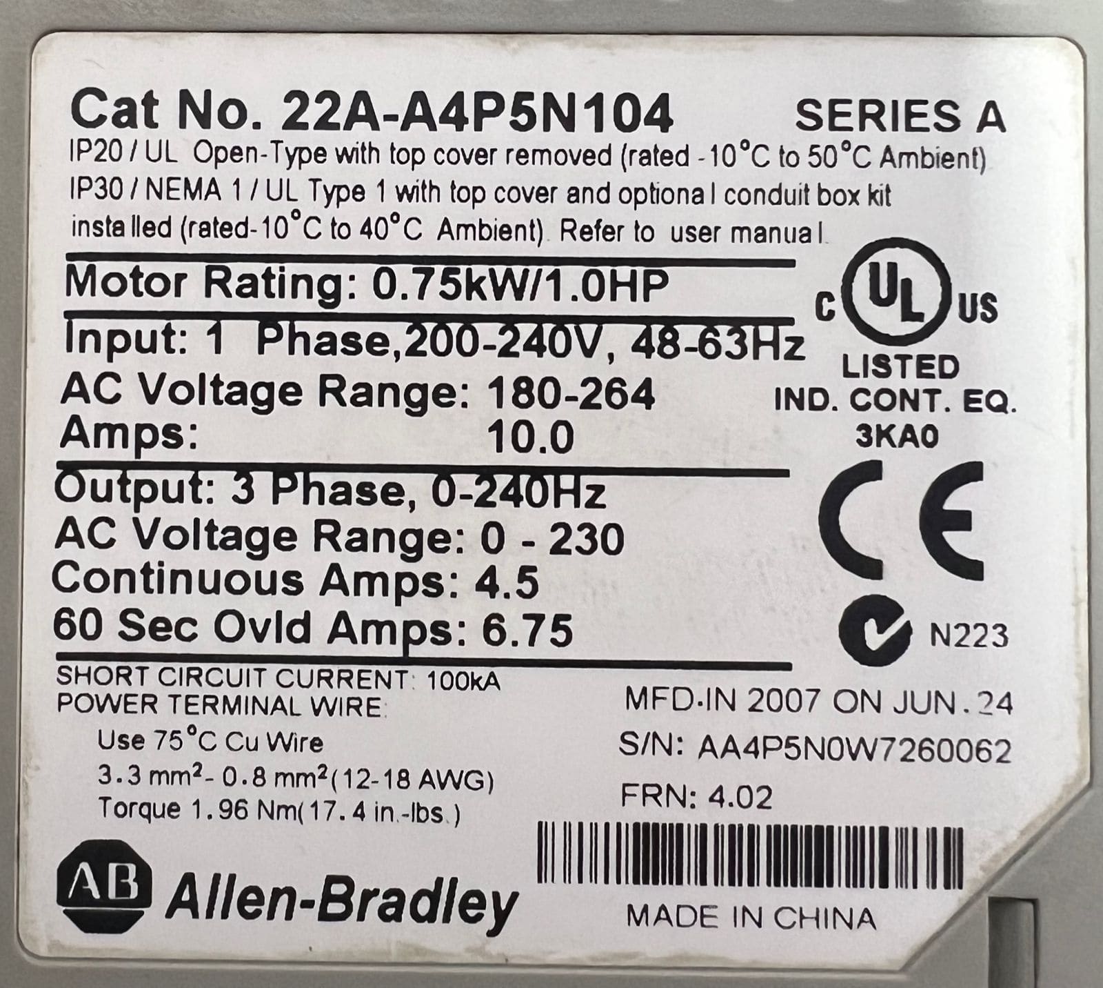 Allen-bradley 22a-a4p5n104 Powerflex 4 AC Drive 1-Phase thumbnail