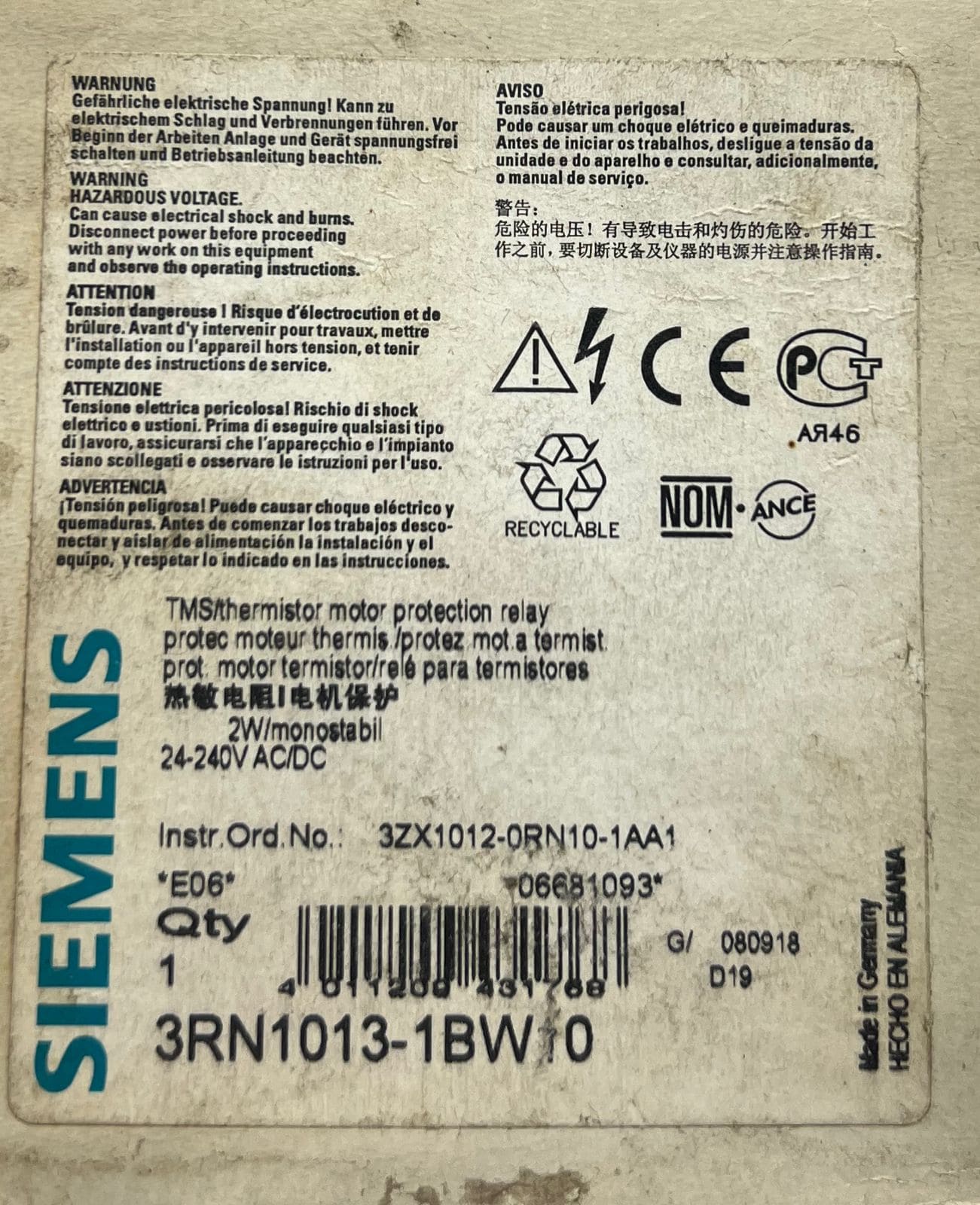 SIEMENS 3RN1013-1BW10 Time Relay GB14048.5 thumbnail
