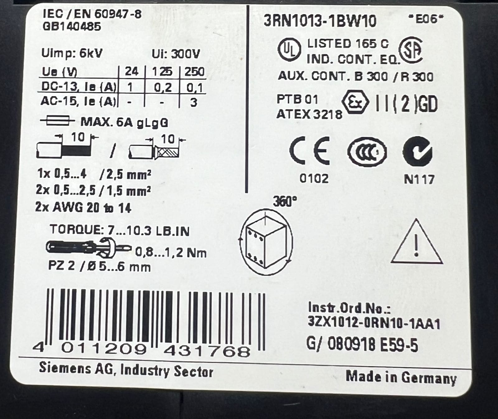 SIEMENS 3RN1013-1BW10 Time Relay GB14048.5 thumbnail