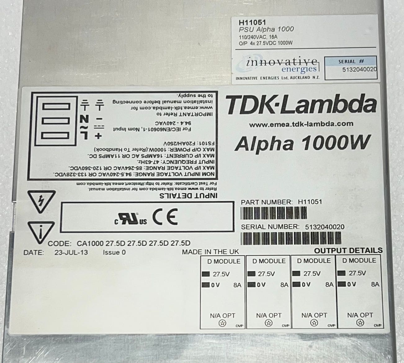 TDK-LAMBDA  H11051 POWER SUPPLY MODULE ALPHA 1000W thumbnail