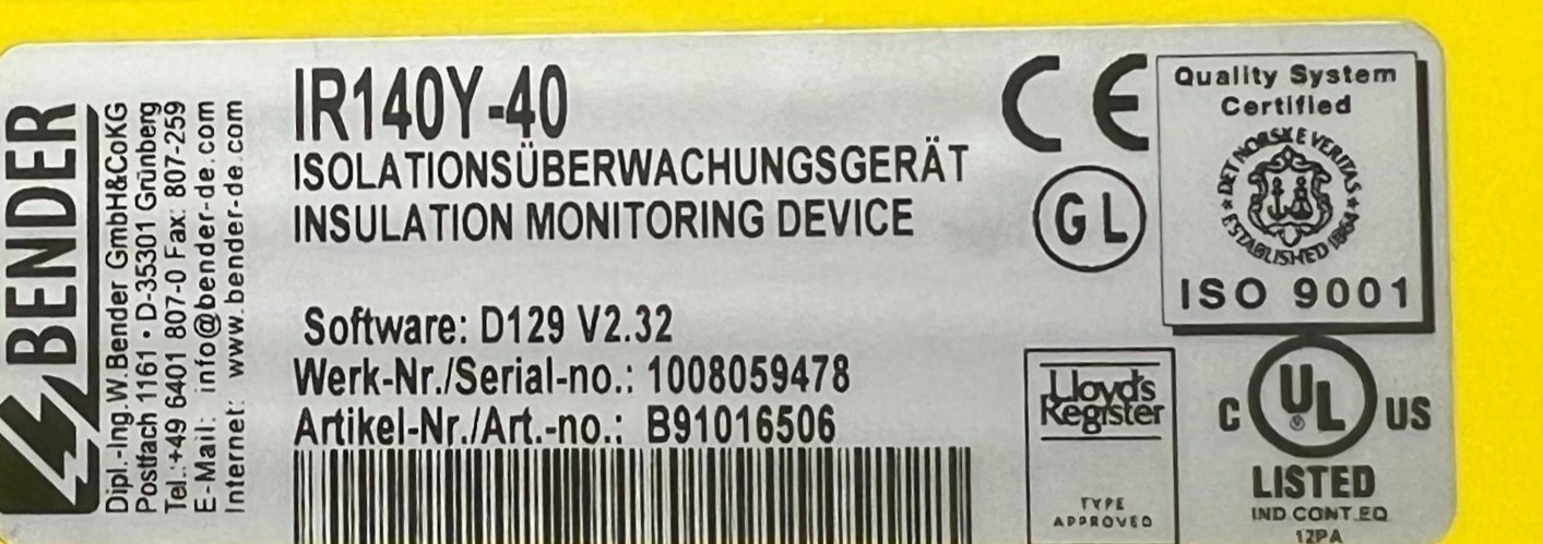 BENDER 1R140Y-40 INSULATION MONITORING DEVICE B91016506 thumbnail